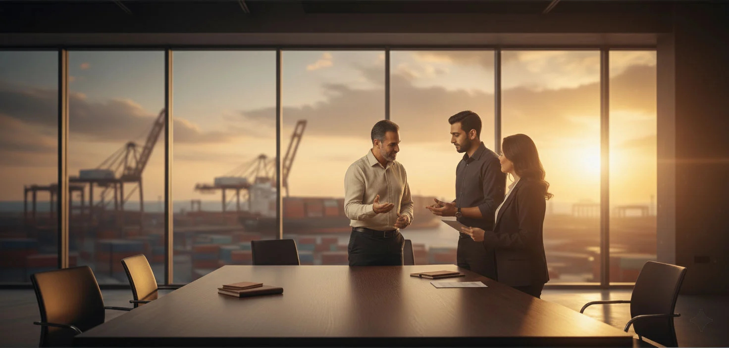 Business meeting between export managers overlooking shipping port, PEI Trade negotiating global produce exports from Egypt