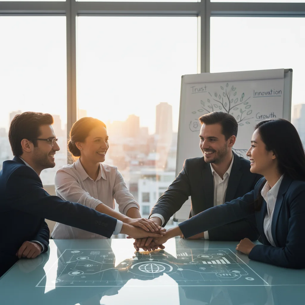 PEI Trade export team collaborating with trust, innovation, and growth values, professional partnership meeting