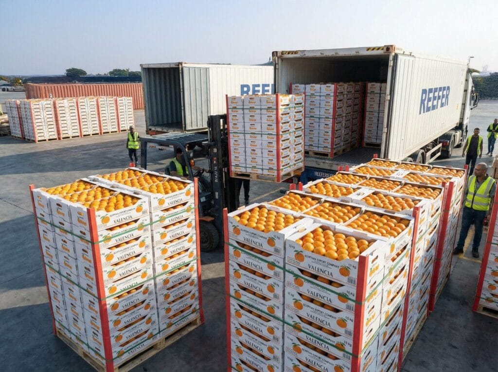 Palettierte Zitruskartons bereit für Kühlcontainer-Beladung - Zitrus Export Verpackung