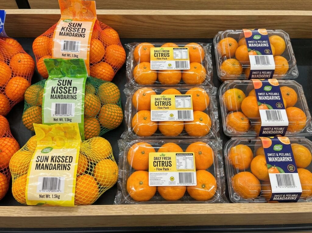 Einzelhandelsfertige Zitrus Export Verpackung - Netzbeutel, Flow-Wrap-Trays und Clamshell-Schalen