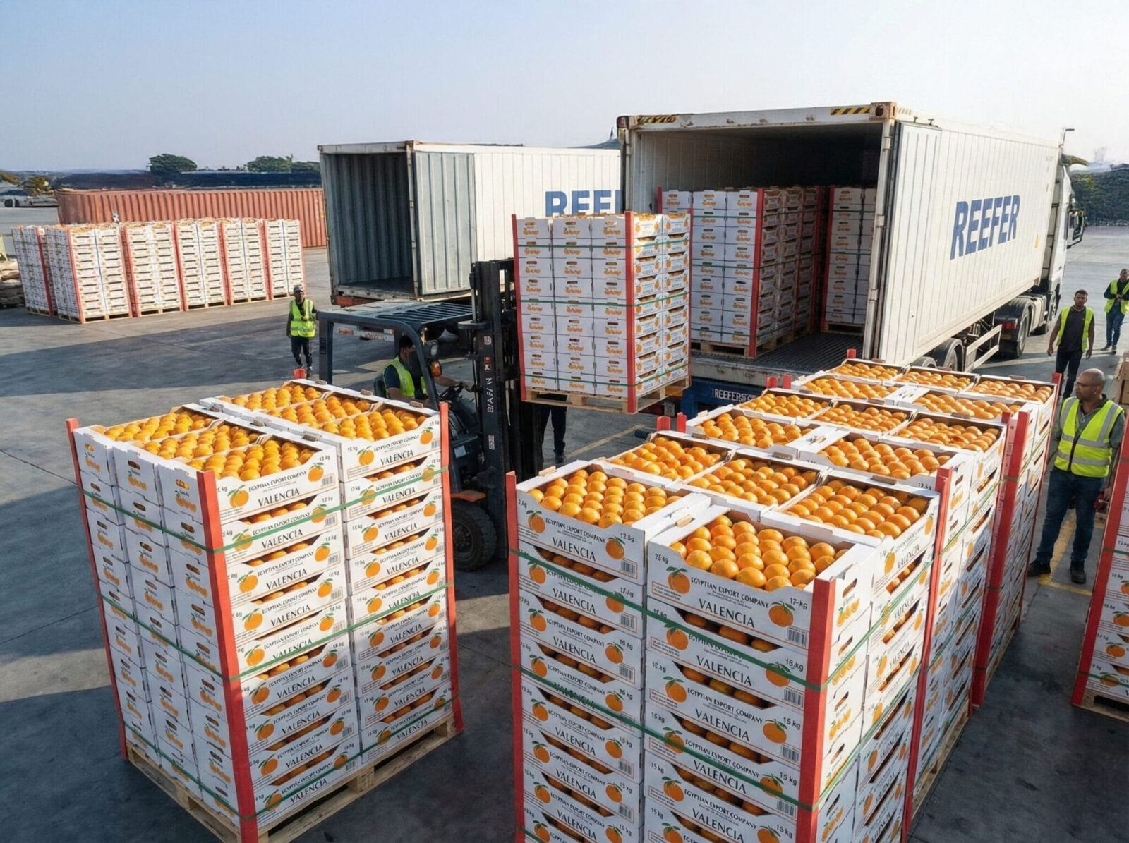Booking Reefer Space for the 2026/2027 Egyptian Citrus Season: Lead Times, Allocation and Avoiding Rollovers 1 Palletised citrus cartons being loaded into a reefer container at an Egyptian packhouse
