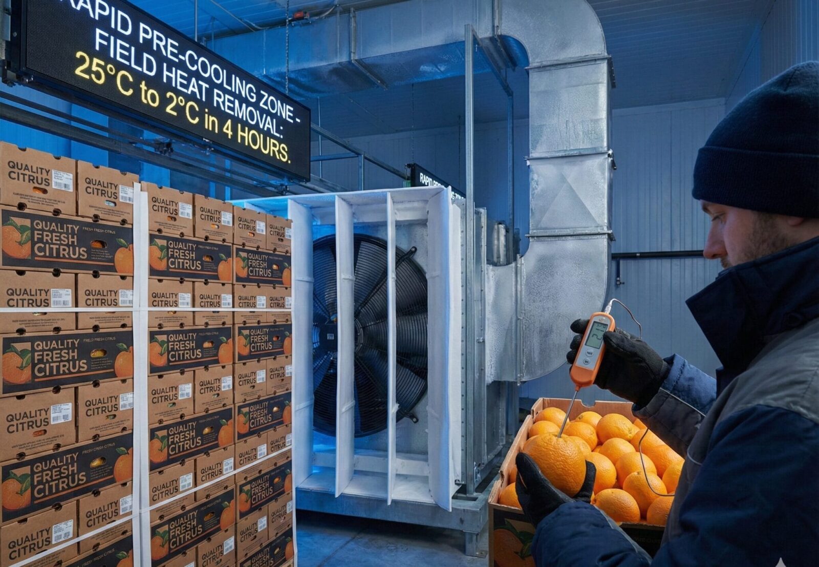Forced-air pre-cooling of Egyptian citrus before reefer loading