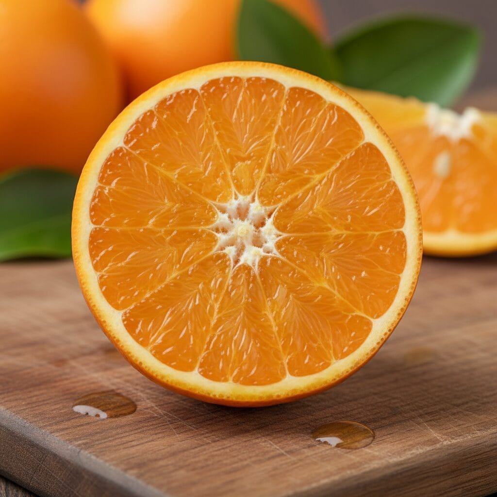Orange navel égyptienne coupée montrant l'intérieur sans pépins et les segments juteux