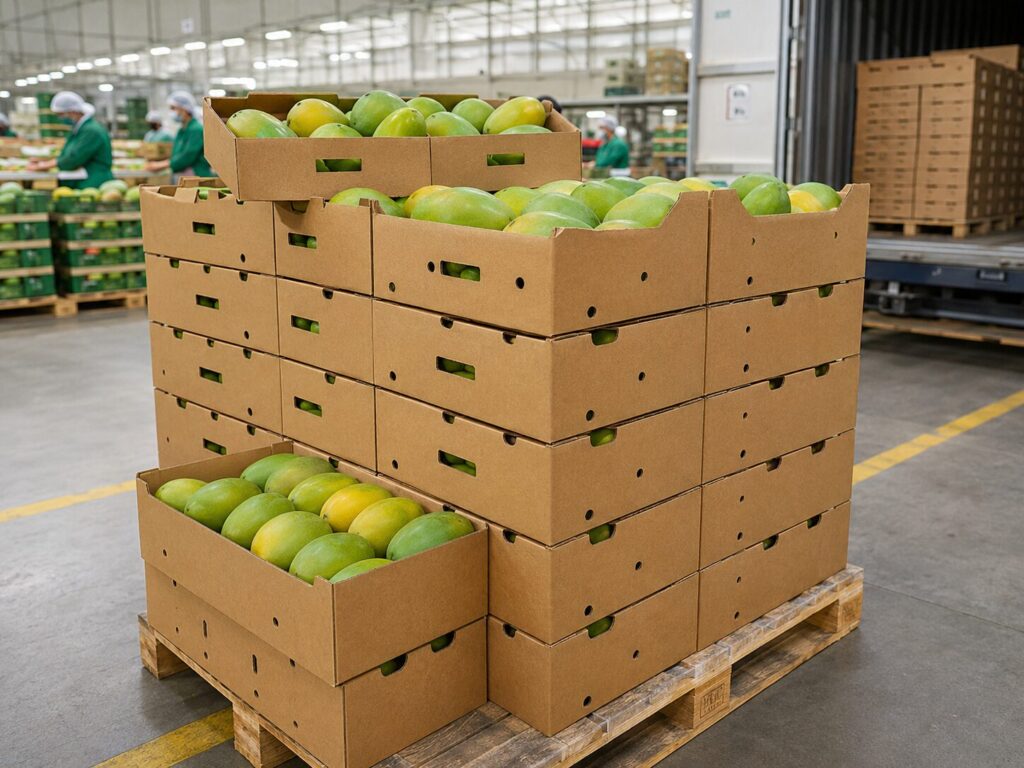 Egyptian Mango Export: The Complete B2B Sourcing Guide (2026) 2 Egyptian mango export cartons of premium Keitt mangoes ready for shipment