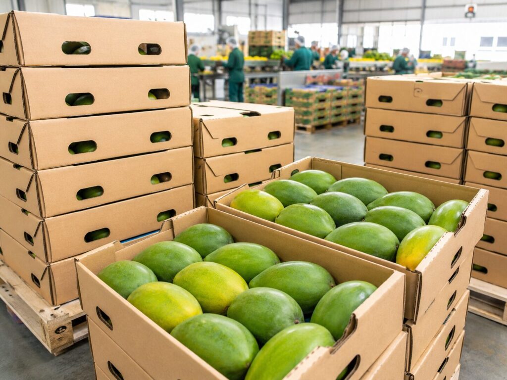 Exportación de Mango Egipcio: La Guía B2B Completa 2026 2 Embalaje de exportación de mango egipcio en cajas netas de 4,5 kg sobre palé