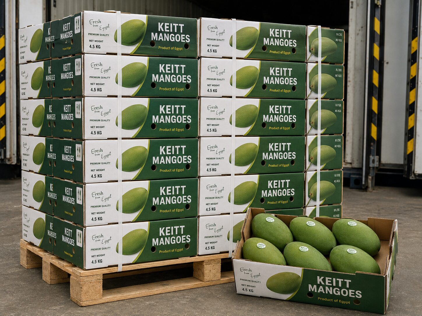 Manga Keitt Egito: Guia de Exportação e Especificações 2026 2 Caixas de exportação da manga Keitt Egito paletizadas para embarque refrigerado