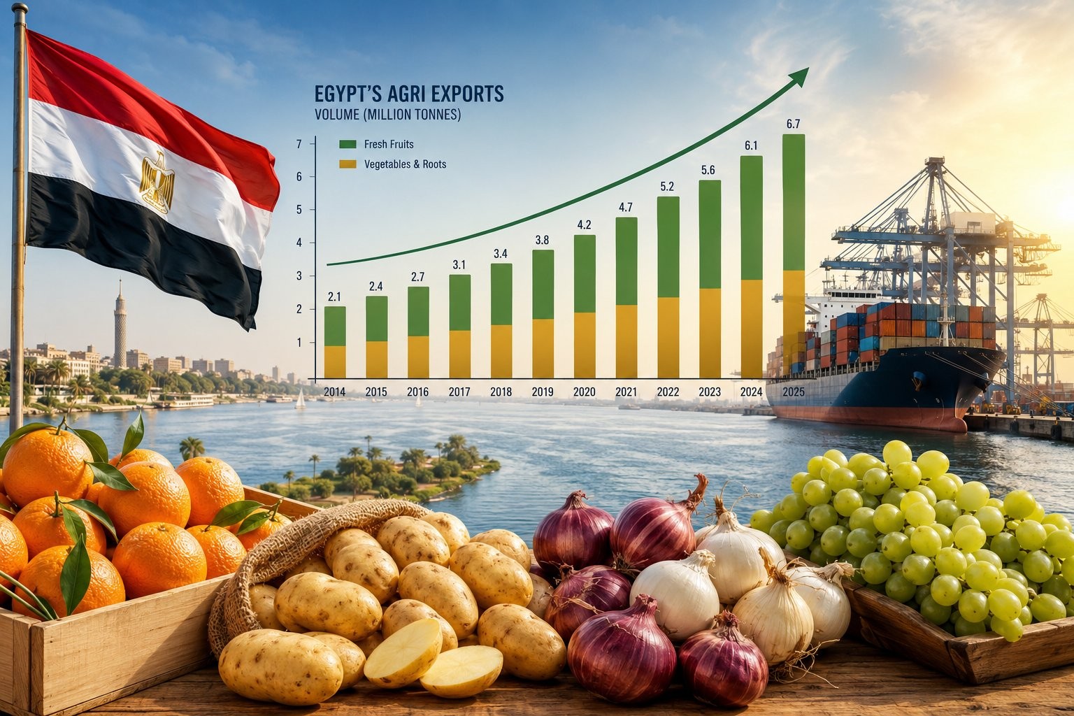 State of Egyptian Agri-Export 2026 2 Egypt agricultural export growth 2014 to 2025, volume more than doubling