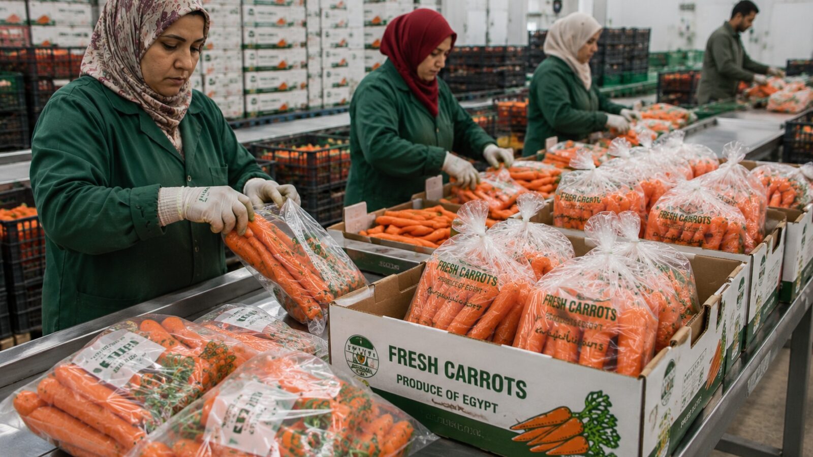 Egyptian carrots being graded and packed for export