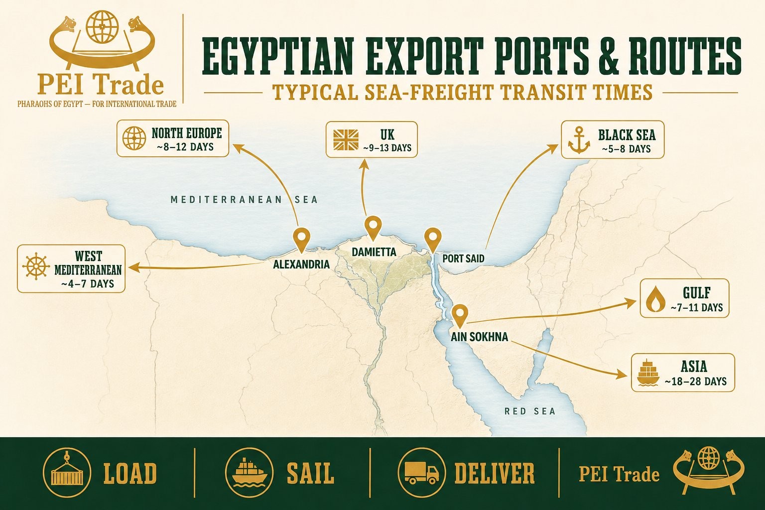 Egypt's main produce export ports on the Mediterranean and Red Sea, with sea-freight transit routes to Europe, the Gulf and Asia