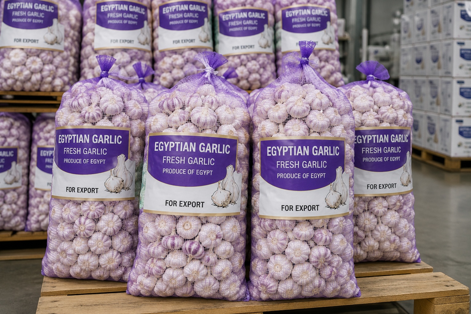 Egyptian Garlic Exports 2026: Bulb Sizes, Curing and Packing for Wholesale Buyers 1 Egyptian export garlic packed in mesh bags for container shipment