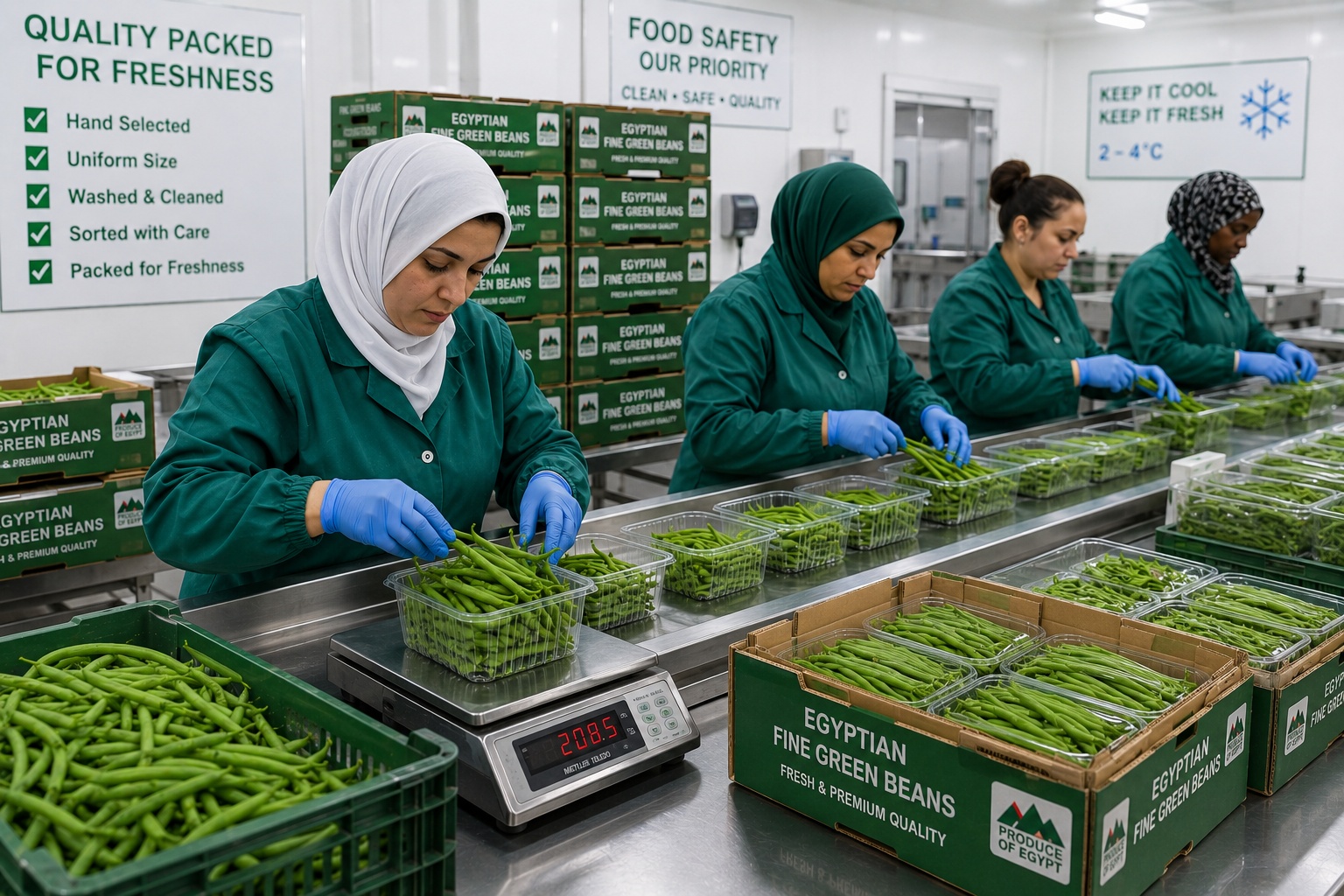 Egyptian fine beans being packed into retail punnets for export