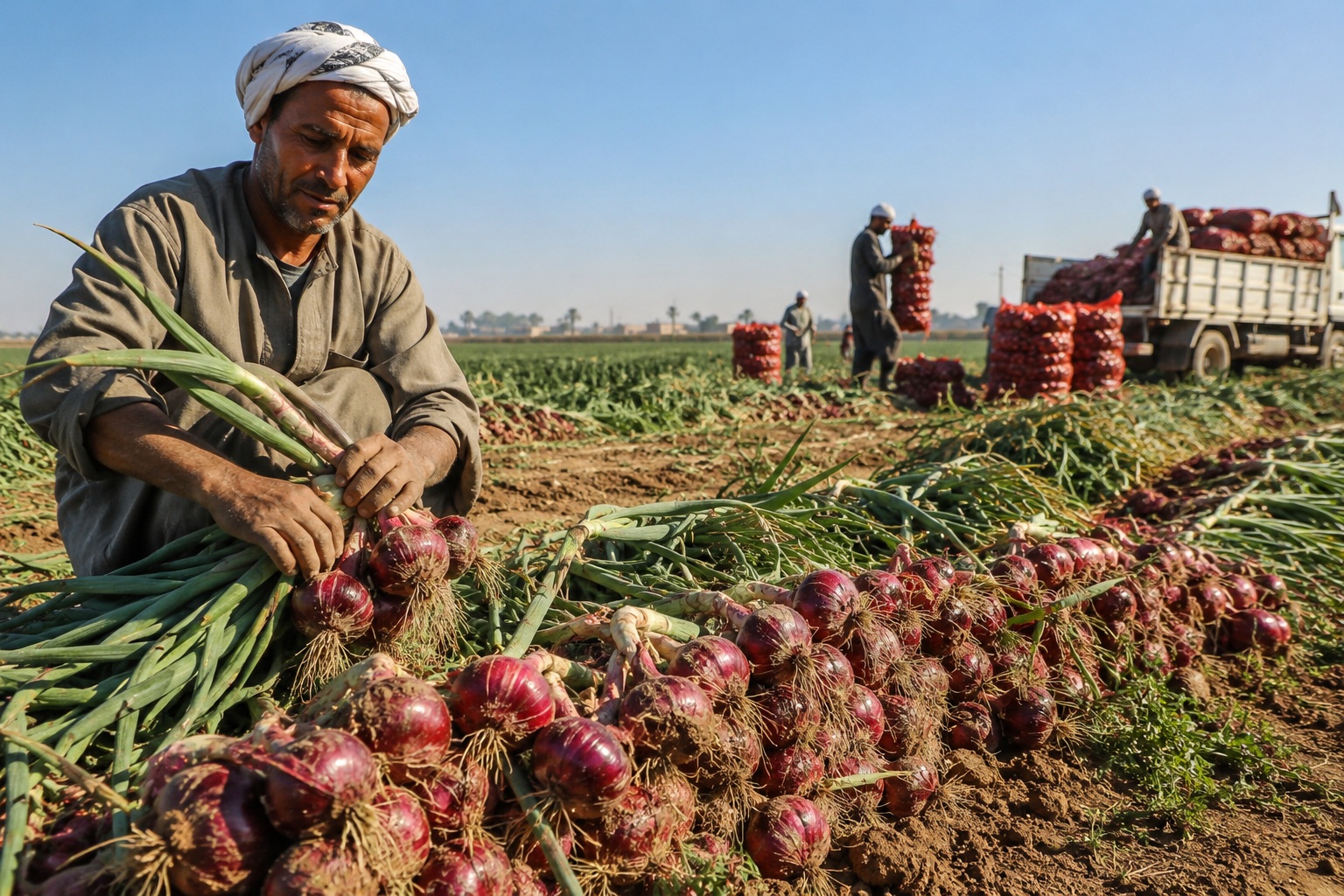 Egyptian onions lifted and windrowed in the field, the first stage of curing onions before grading