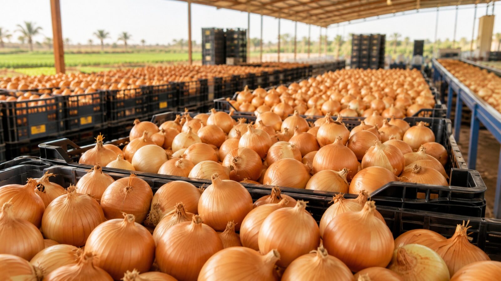 Egyptian Onion Exports 2026: Summer Storage Supply for Gulf and Asian Buyers 1 Graded Egyptian export onions ready for mesh-bag packing