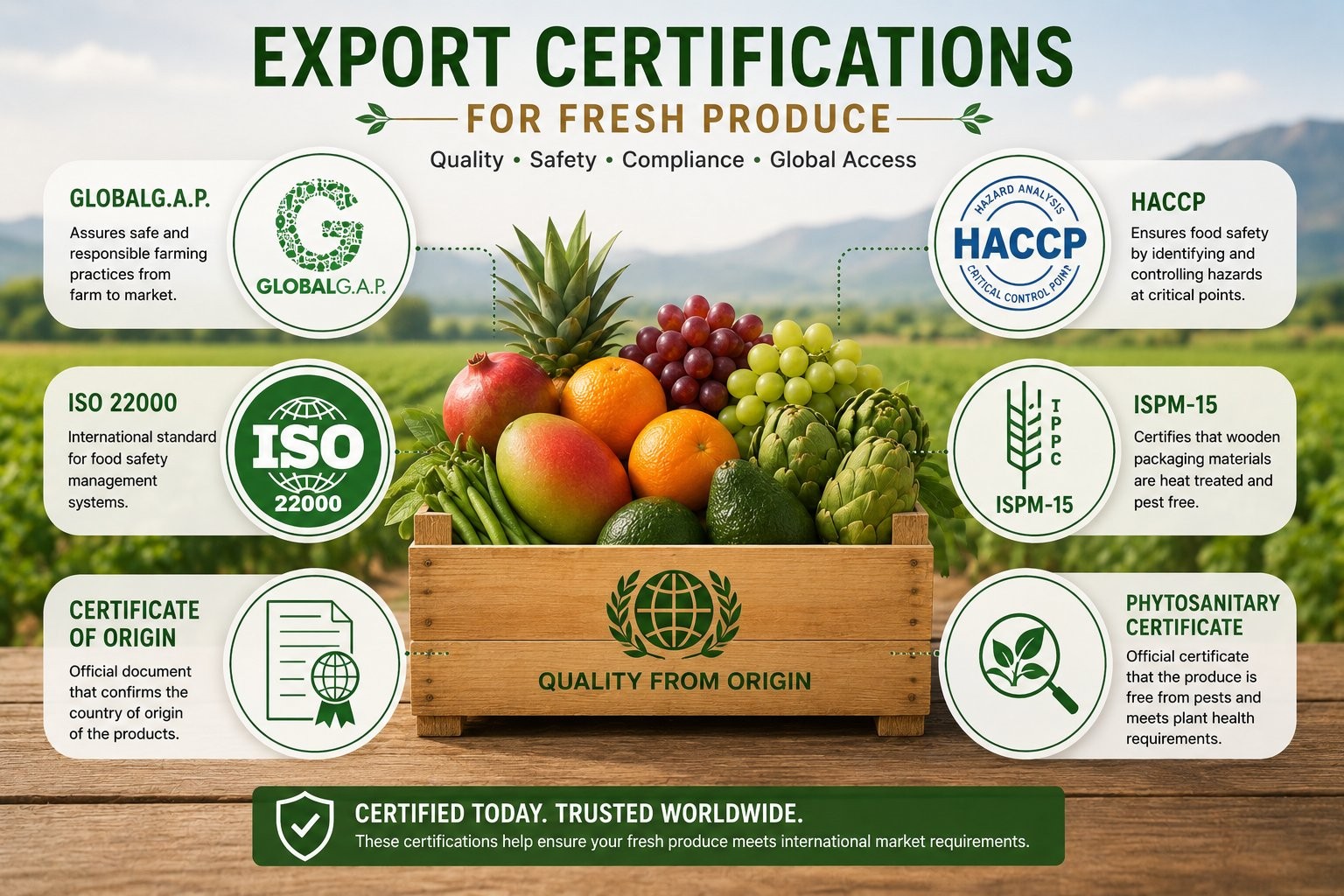 Certificazioni di esportazione per i prodotti freschi 1 Principali certificazioni di esportazione per i prodotti freschi: GLOBALG.A.P, HACCP, ISO 22000, ISPM-15, certificato di origine e certificato fitosanitario