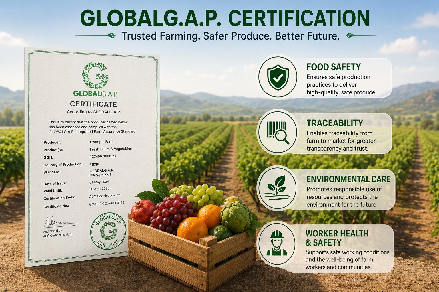 La certificazione GLOBALG.A.P spiegata 1 Certificazione GLOBALG.A.P per i prodotti freschi: le quattro aree che copre — sicurezza alimentare, tracciabilità, ambiente, e salute e sicurezza dei lavoratori