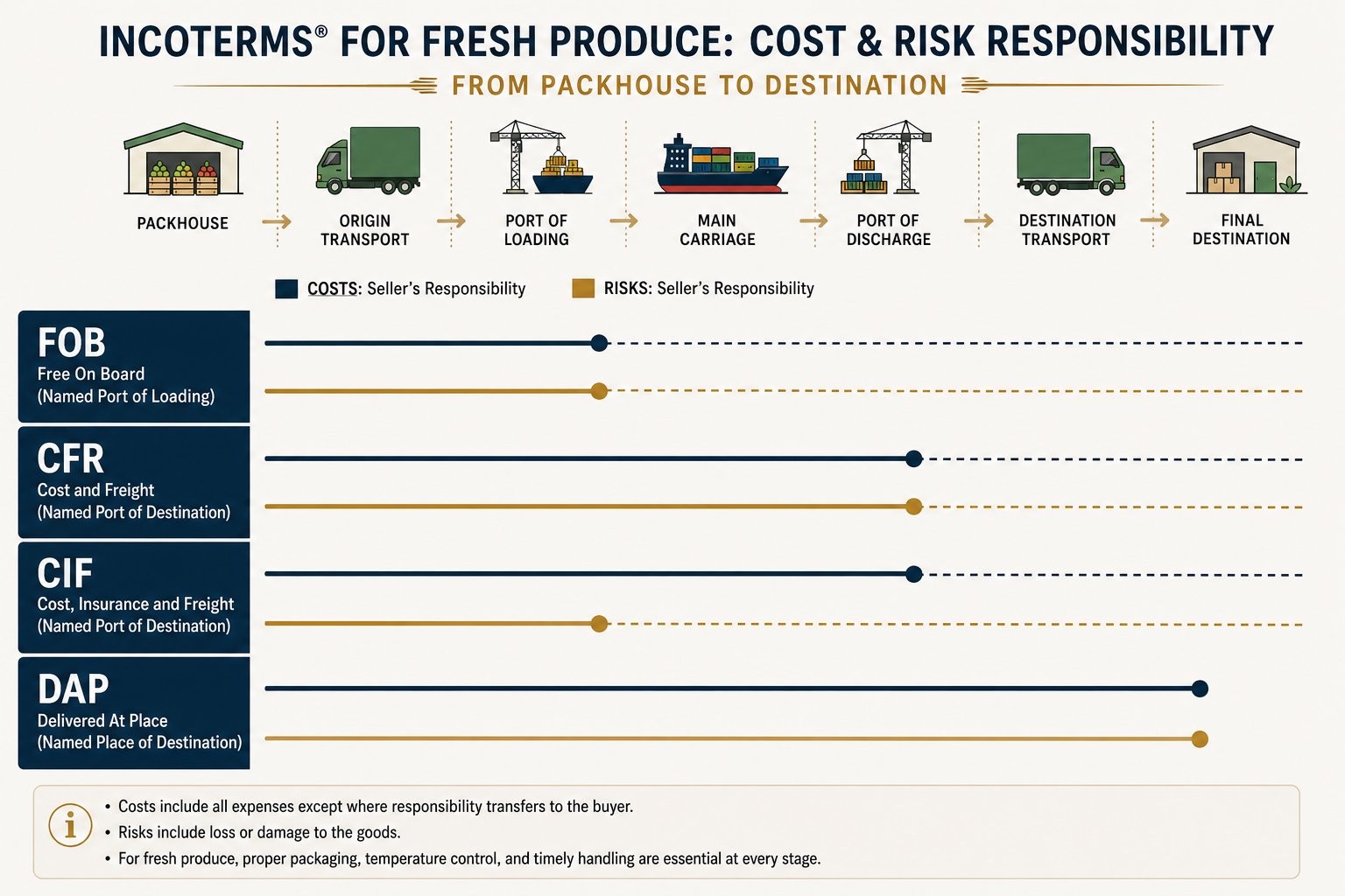 Incoterms per i prodotti freschi: FOB vs CIF vs CFR vs DAP spiegati 1 Incoterms per i prodotti freschi: responsabilità di costo e rischio in base a FOB, CFR, CIF e DAP dalla stazione di confezionamento alla destinazione