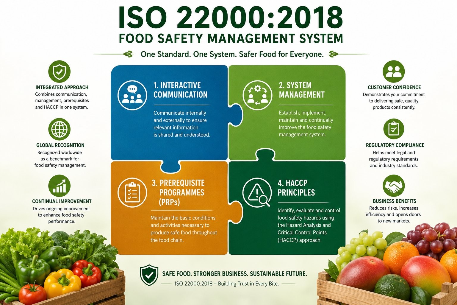 La certificazione ISO 22000 spiegata 1 Sistema di gestione della sicurezza alimentare ISO 22000 che combina comunicazione interattiva, gestione del sistema, programmi di prerequisiti e principi HACCP
