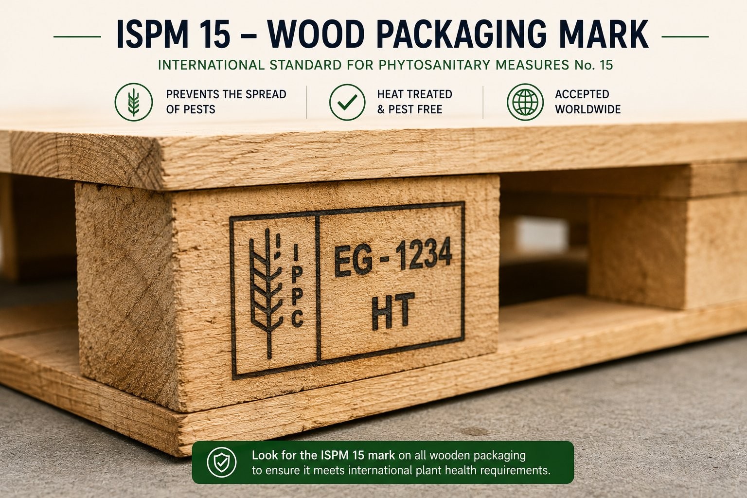 L'imballaggio in legno ISPM-15 spiegato 1 Pallet in legno conforme ISPM-15 che mostra il marchio IPPC con codice paese e simbolo di trattamento termico (HT)