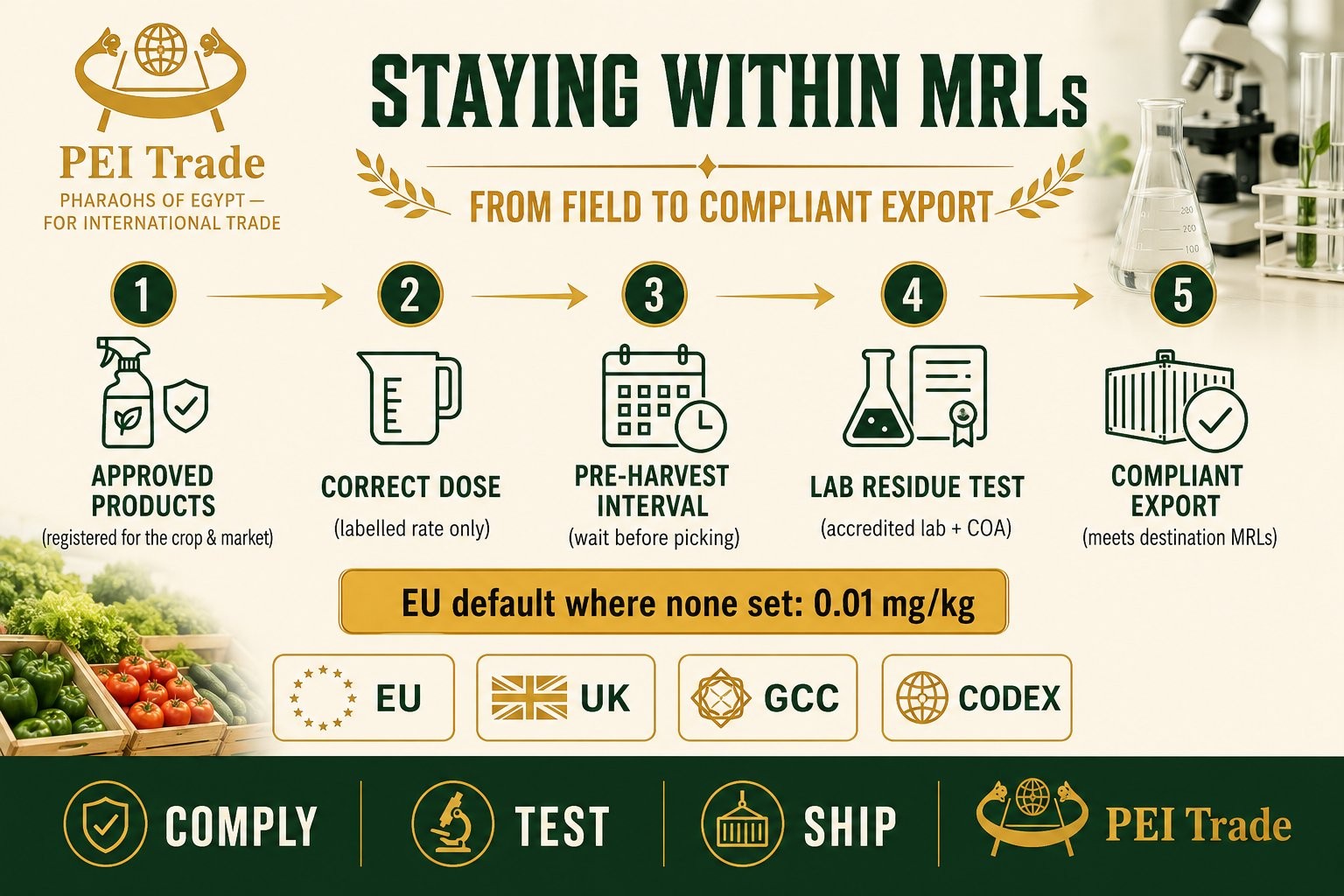 Maximum Residue Limits and pesticide compliance for produce export: approved products, pre-harvest interval, residue testing and certificate of analysis