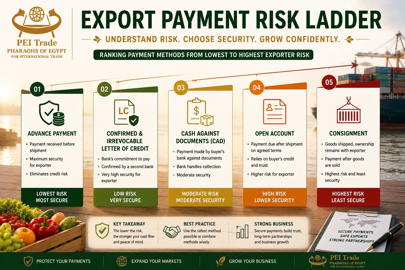 Export payment methods on a risk spectrum from Advance Payment and Letter of Credit to Cash Against Documents and Open Account