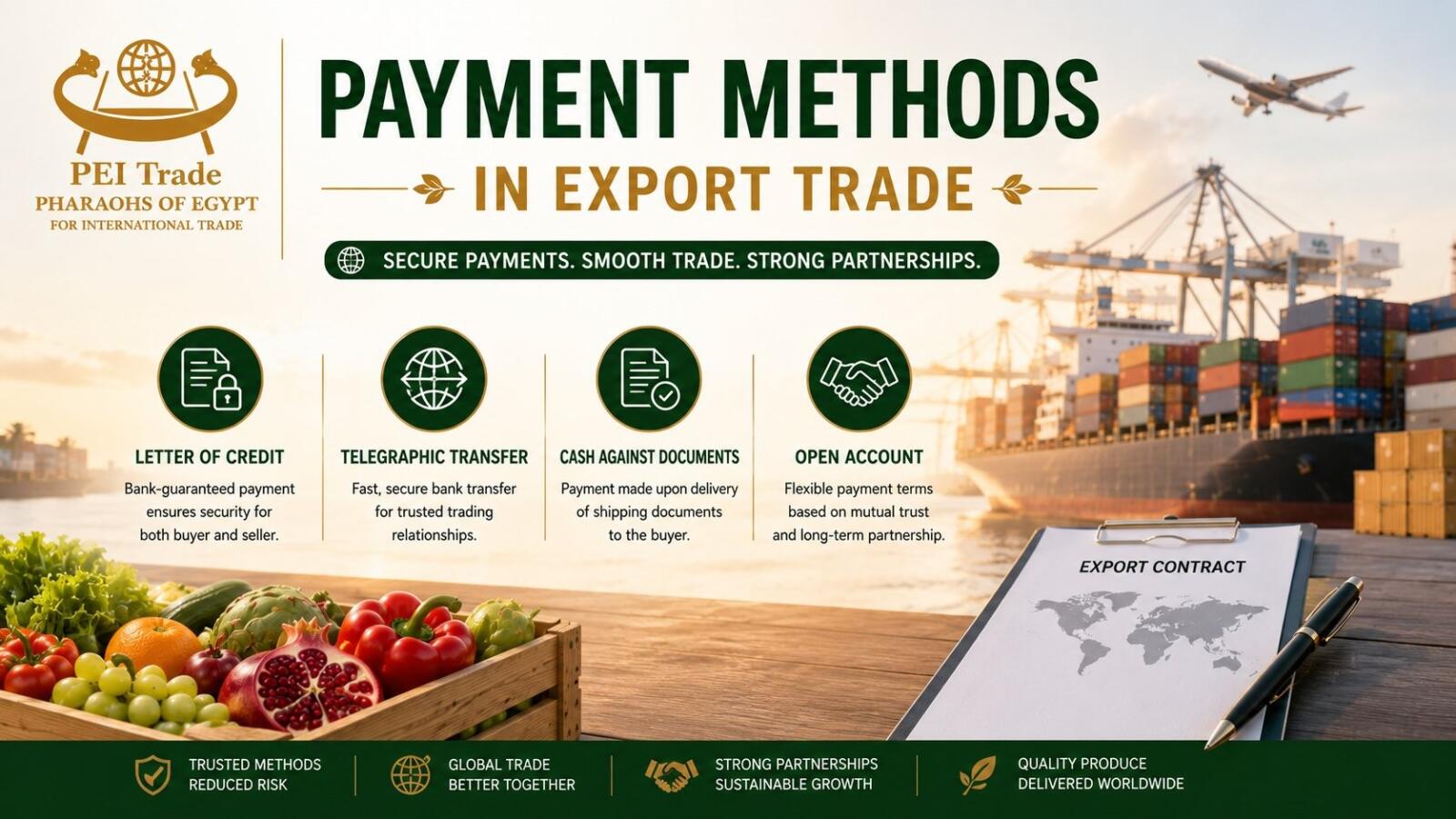 Payment Terms on Egyptian Produce Exports 2026: TT, Letters of Credit, CAD and How Risk Is Shared 1 Payment methods in export trade: letter of credit, telegraphic transfer, cash against documents and open account