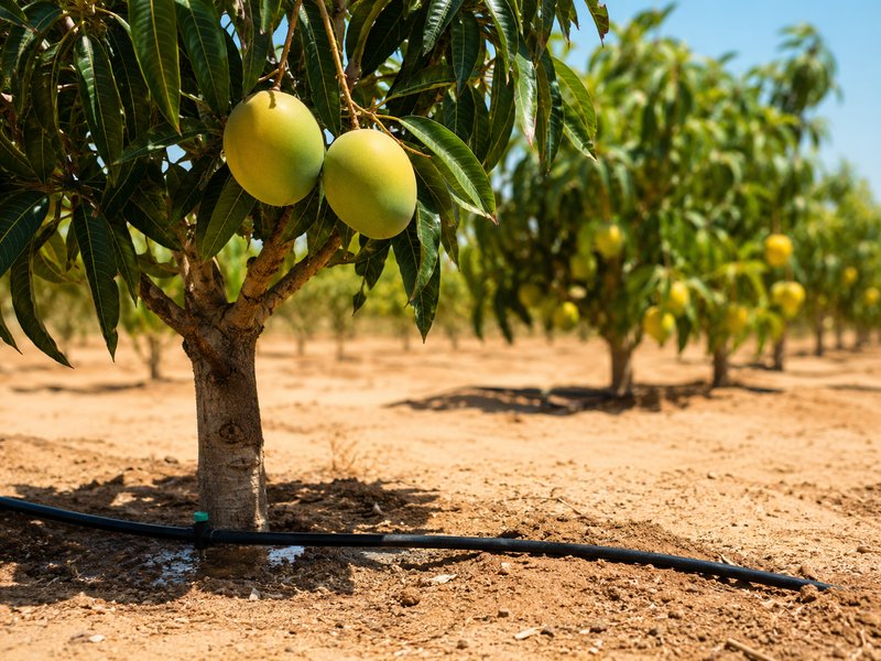 Drip irrigation at the base of a mango tree in desert soil