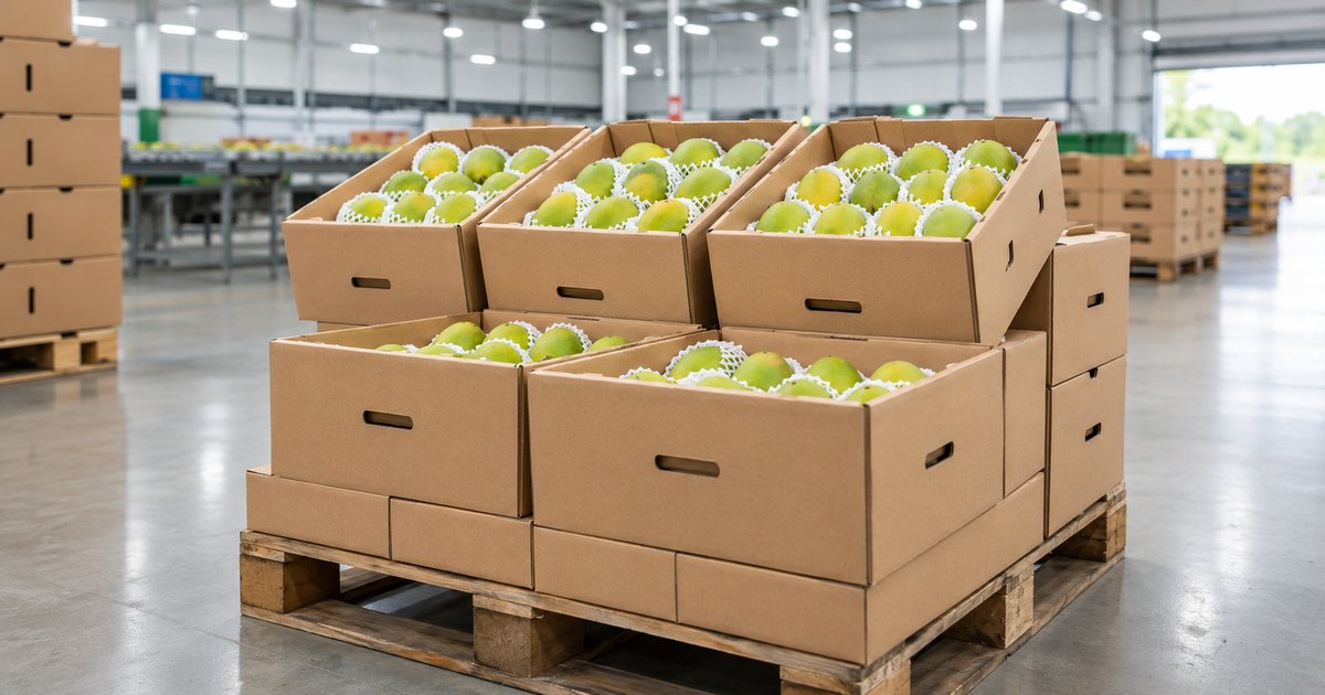 Egyptian Mango Season Update, Late July 2026: Kent and Keitt Volumes, Sizing and Booking Windows 1 Export cartons of Egyptian mangoes stacked on a pallet in a packhouse