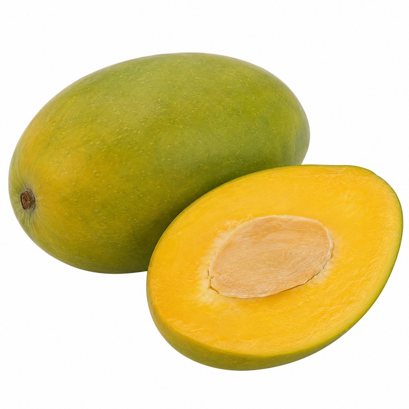Mango Size Chart 2026: Counts, Weights and Carton Formats 3 Keitt mango whole and cut open, showing fiberless yellow flesh