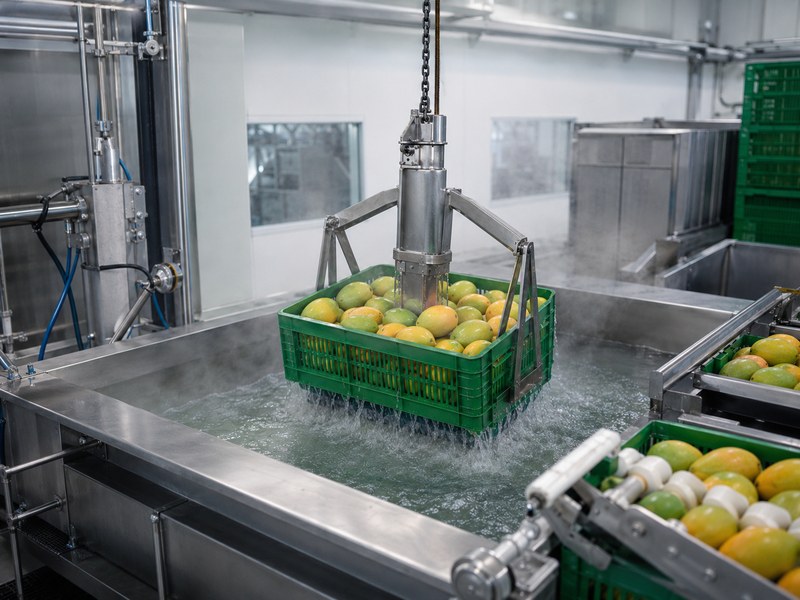 Hot water treatment of mangoes in an industrial facility