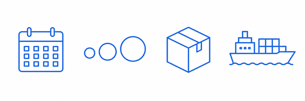 Icons representing season, size, packing and freight as mango price factors