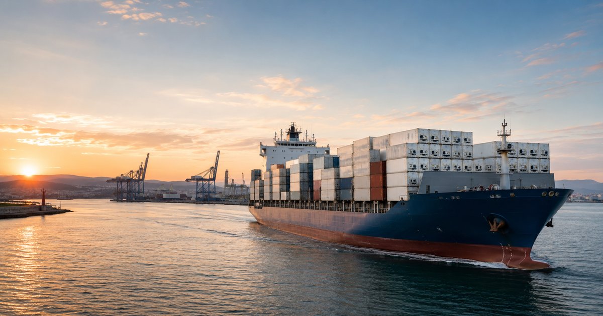 Egyptian Lemon and Lime Exports 2026/2027: Adalia Sizes, Packing and Season Windows 1 Refrigerated container ship leaving an Egyptian export port with citrus cargo