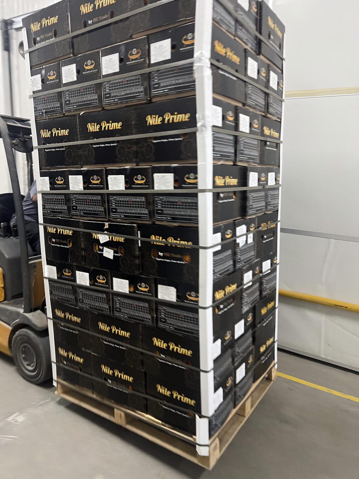 Forklift moving a palletised orange load inside the cold store